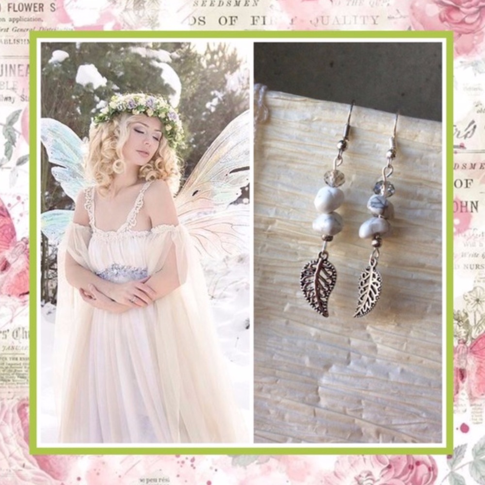 🎀 HOWLITE EARRINGS LEAF DANGLE DROP BOHO WHITE GEMS BOHEMIAN GYPSY FANTASY